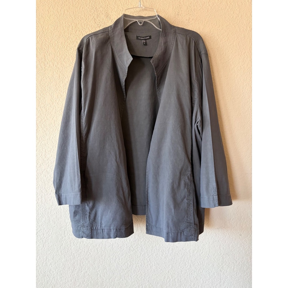 Eileen Fisher Womens XL Gray Linen Blend Open Front Jacket Stand Collar S2VX-1